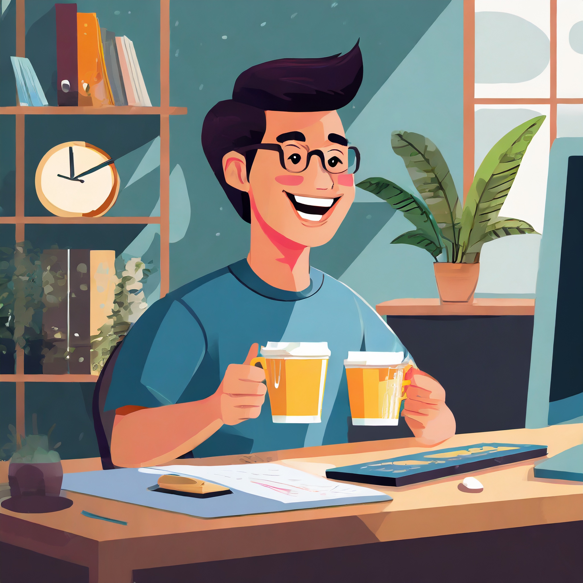 Firefly happy web designer with two cups of coffee at desk 84573