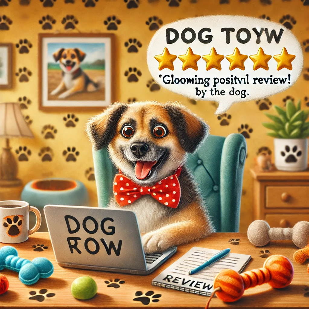 the importance of google reviews funny image of dog reviewing dog toys